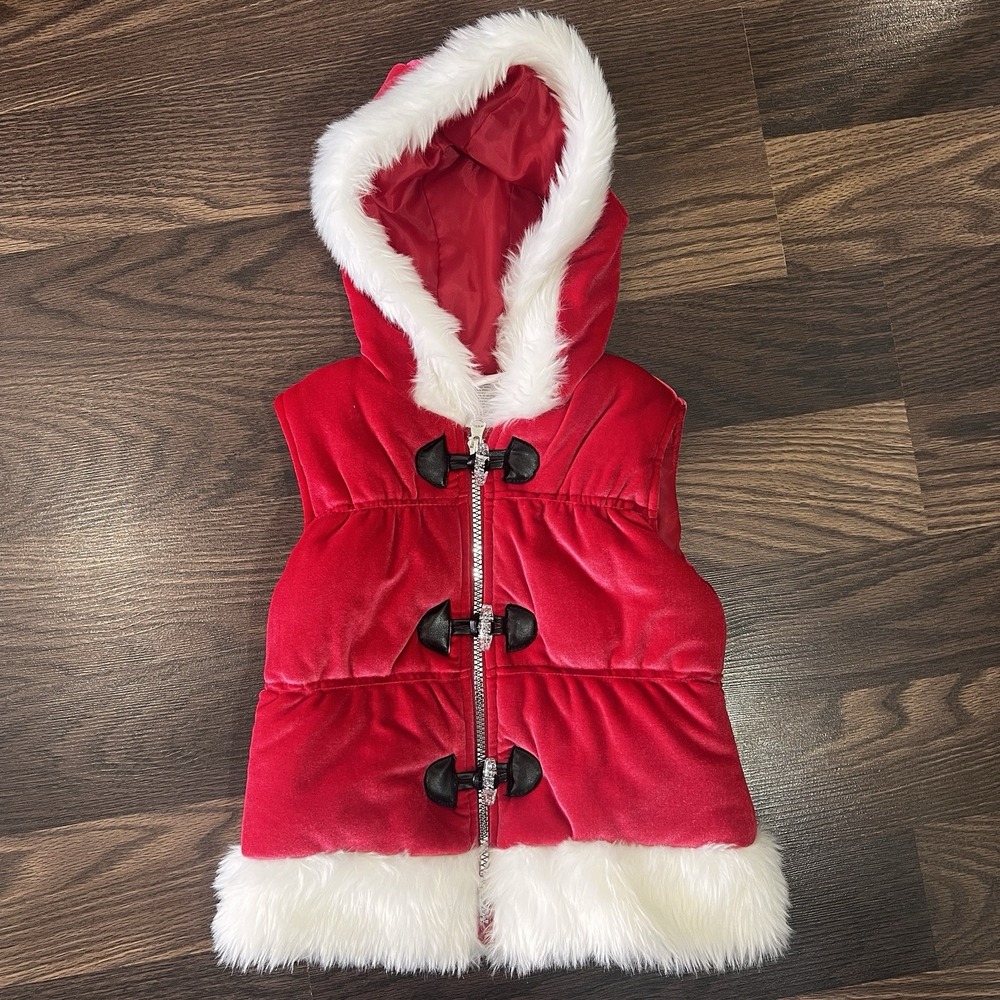 Little Lass Girls Size 4 Red Velour Hooded Vest White Faux Fur Christmas Santa